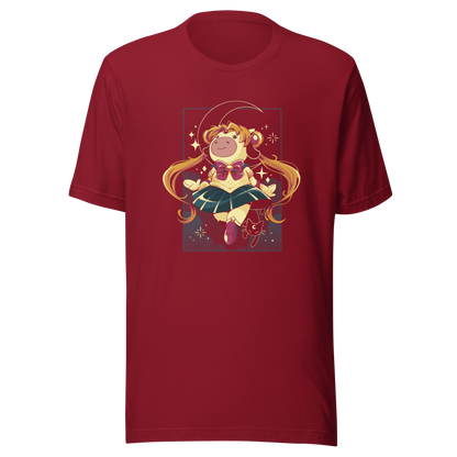 A cute and whimsical anime-inspired illustration featuring a magical cow girl with long flowing twin tails, sparkling stars, and a crescent moon backdrop.