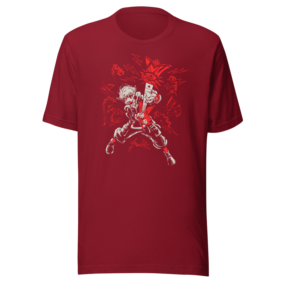 A fierce punk-inspired guitarist plays a red electric guitar in a dynamic pose, surrounded by lightning bolts, musical notes, and bold red-and-white graphics. The high-contrast artwork conveys rebellious energy and intense rock attitude.