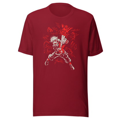 A fierce punk-inspired guitarist plays a red electric guitar in a dynamic pose, surrounded by lightning bolts, musical notes, and bold red-and-white graphics. The high-contrast artwork conveys rebellious energy and intense rock attitude.