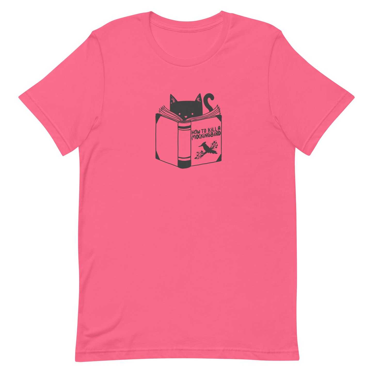 A black and white illustration features a cat peeking over an open book titled 'How to Kill a Mockingbird,' playfully altering the classic novel's title. The cat has a heart-shaped nose and simple, cute facial features. The design is whimsical and ironic, combining classic literature with a humorous twist.