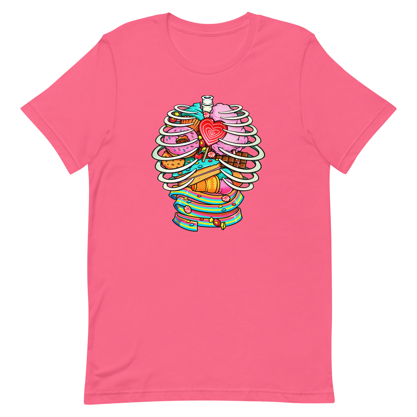 This vibrant design features a detailed, cartoonish human ribcage with various colorful candies and sweets filling the cavity. The sweets include a heart-shaped lollipop, cookies, cotton candy, chocolate bars, ice cream, donuts, and colorful candy strips. The style is reminiscent of pop art with bold lines and vivid colors, making it visually striking and playful.