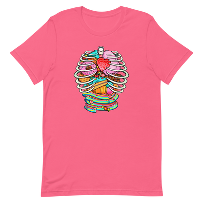 This vibrant design features a detailed, cartoonish human ribcage with various colorful candies and sweets filling the cavity. The sweets include a heart-shaped lollipop, cookies, cotton candy, chocolate bars, ice cream, donuts, and colorful candy strips. The style is reminiscent of pop art with bold lines and vivid colors, making it visually striking and playful.
