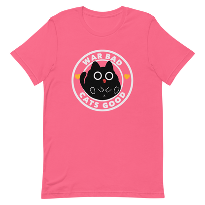 A chubby black cat with big round eyes sits in the center of a circle with the words “War Bad, Cats Good.” This artwork mixes cuteness with a powerful message, reminding us that peace and love always win over conflict. Perfect for cat lovers, peace advocates, and anyone who enjoys playful yet meaningful designs.