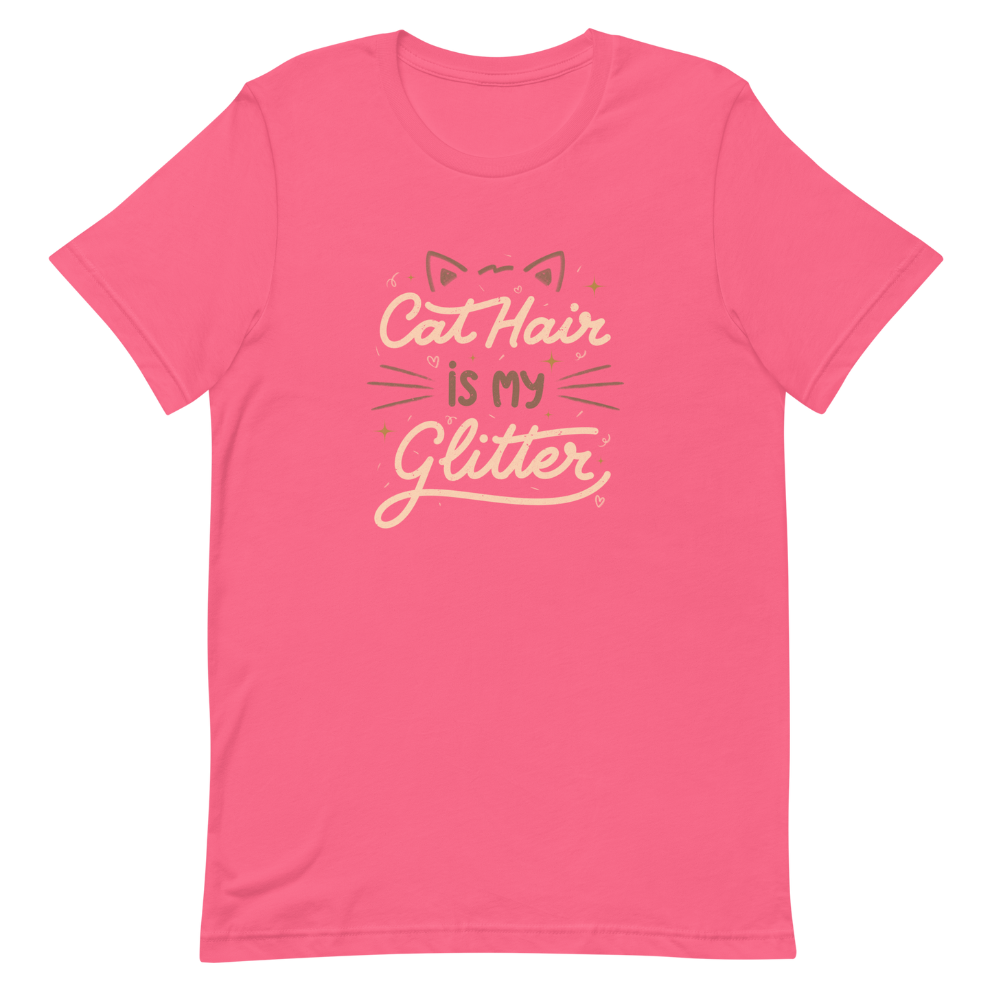 This artwork features fun lettering with the phrase "Cat Hair is My Glitter," accompanied by cat ears, hearts, and gold glitter. It humorously celebrates the lives of those who live with cats and have grown accustomed to having fur everywhere. Ideal for feline lovers who wear their furry coats as if they were real glitter.