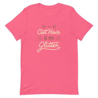 This artwork features fun lettering with the phrase "Cat Hair is My Glitter," accompanied by cat ears, hearts, and gold glitter. It humorously celebrates the lives of those who live with cats and have grown accustomed to having fur everywhere. Ideal for feline lovers who wear their furry coats as if they were real glitter.