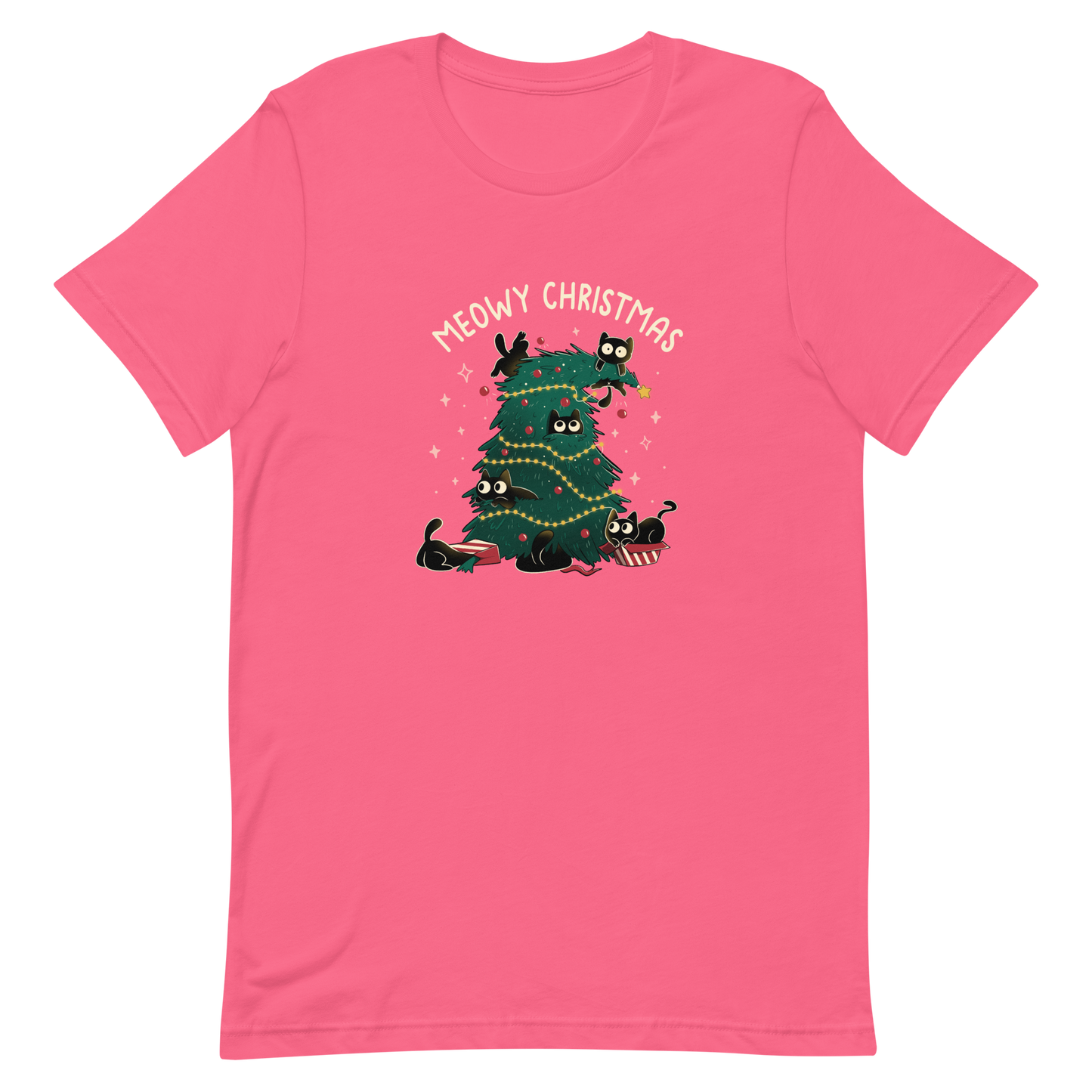 A Christmas tree full of black kittens hanging from it as if they were playing with it, an art that plays on how cats love Christmas trees. A perfect gift for anyone who loves Christmas and cats.