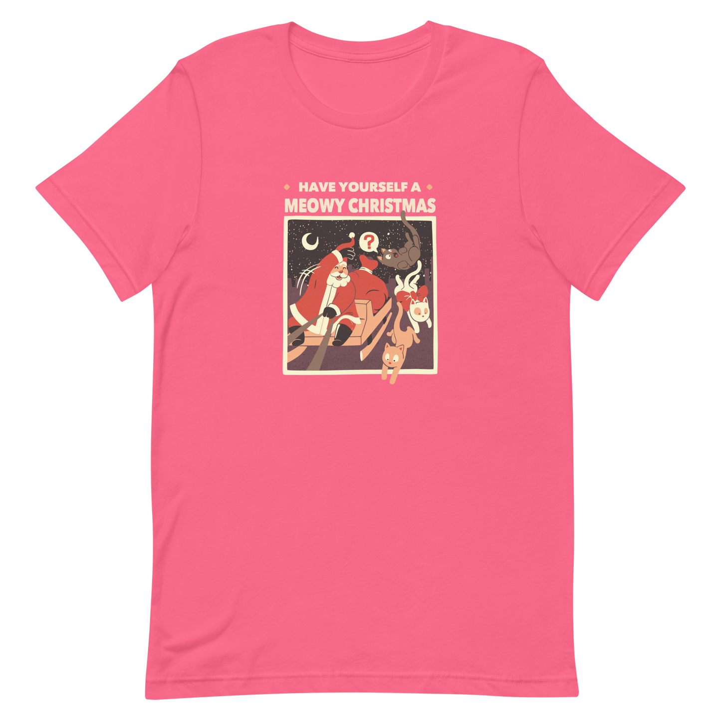 An illustration of Santa Claus flying across the Christmas Eve sky in his sleigh, tossing adorable kittens as gifts, paired with the phrase “Have Yourself a Meowy Christmas”. A playful and charming design that makes the perfect holiday gift for cat lovers and anyone who enjoys cute, quirky Christmas art.