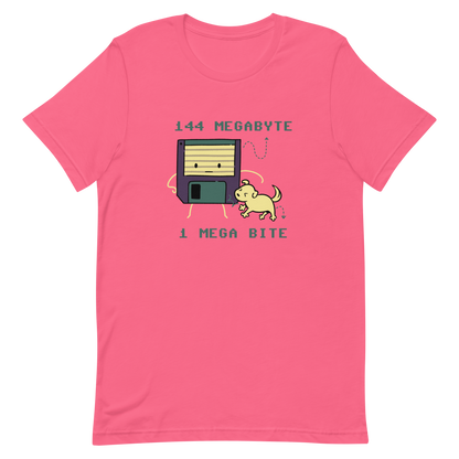 A cute floppy disk stands nervously while a little dog playfully bites its corner, with the text “144 Megabyte / 1 Mega Bite”. This clever pun mixes retro tech nostalgia with a dose of adorable chaos. Perfect for geeks, gamers and anyone who loves a good tech joke.
