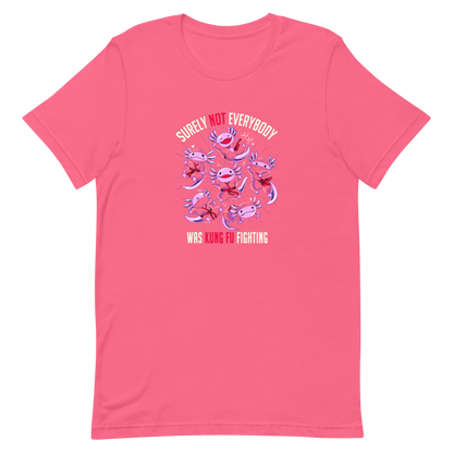 Several axolotls dressed as ninjas, each in different poses, with the words "Surely not everyone was kung fu fighting" written around them. This design combines cuteness and martial arts in a fun and unique scene. Ideal for oxolotl fans, Japanese culture lovers, and those who enjoy fun and original prints.