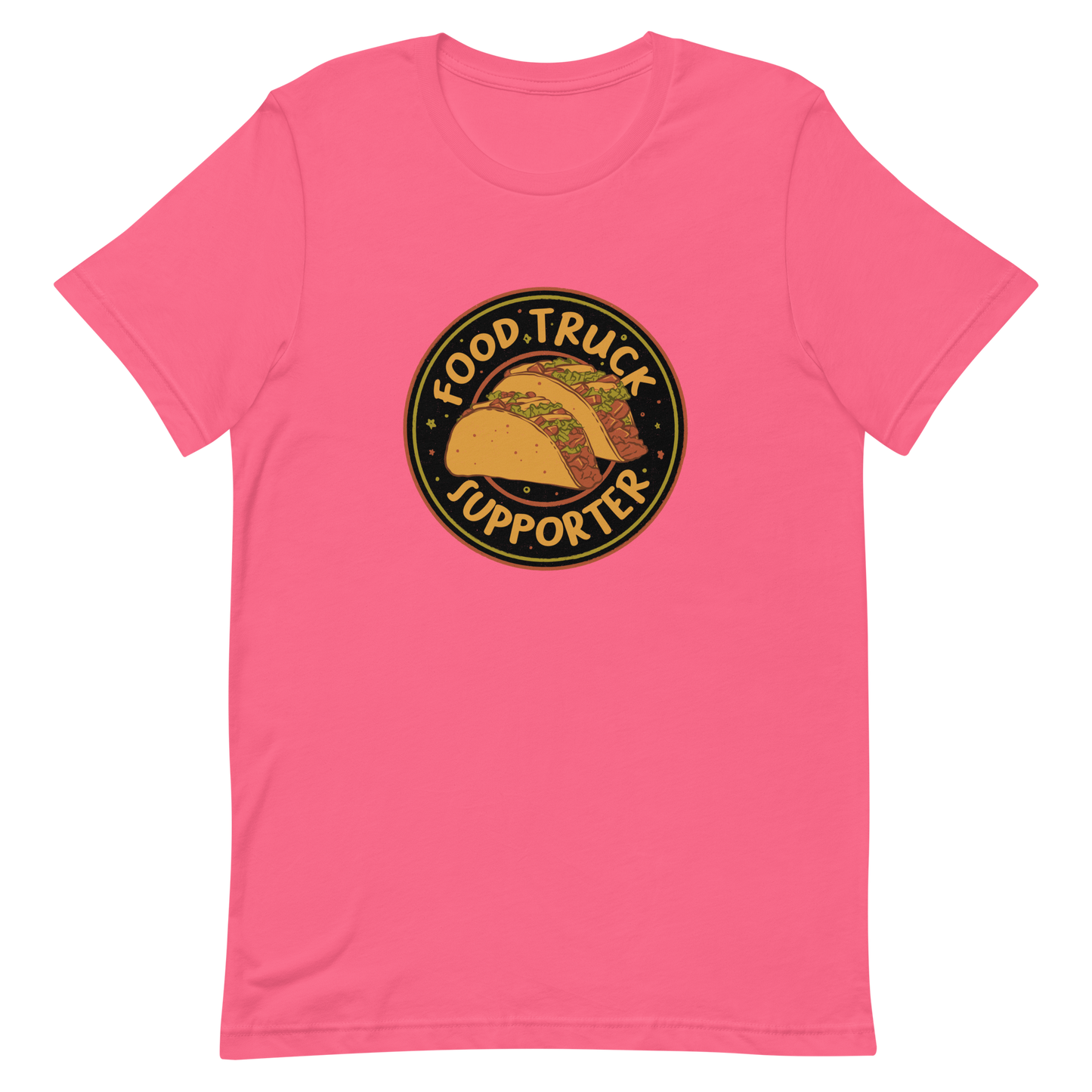 Two delicious tacos sit at the center of a bold circular badge under the phrase “Food Truck Supporter”. This design celebrates the love for street food and the joy of discovering amazing flavors on wheels. Perfect for foodies, taco lovers, and anyone who proudly supports their local food trucks.