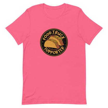 Two delicious tacos sit at the center of a bold circular badge under the phrase “Food Truck Supporter”. This design celebrates the love for street food and the joy of discovering amazing flavors on wheels. Perfect for foodies, taco lovers, and anyone who proudly supports their local food trucks.