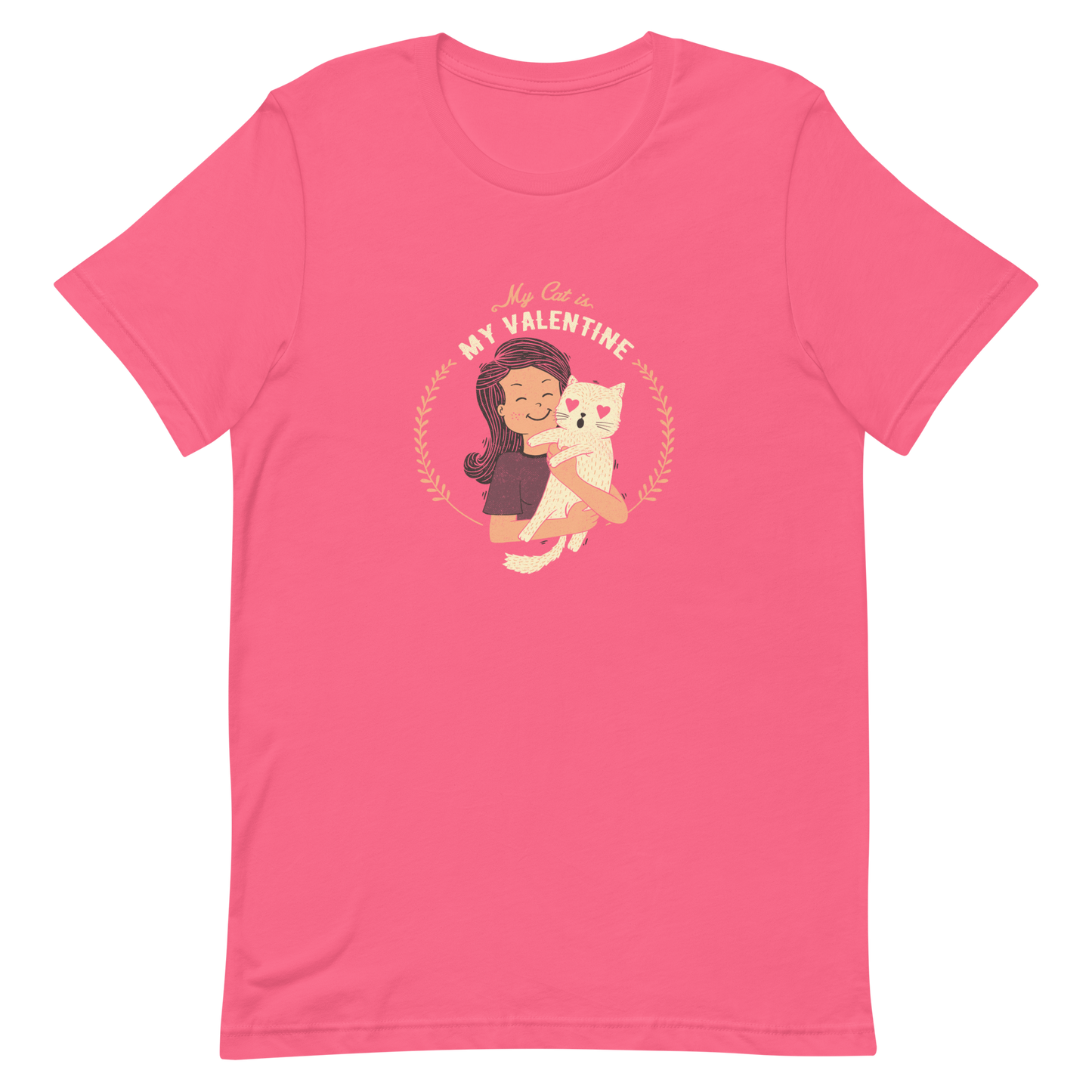 A cute illustration of a woman holding an adorable cat, paired with the phrase “My Cat Is My Valentine”. A sweet and relatable Valentine’s Day design for cat lovers.