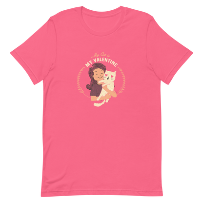A cute illustration of a woman holding an adorable cat, paired with the phrase “My Cat Is My Valentine”. A sweet and relatable Valentine’s Day design for cat lovers.