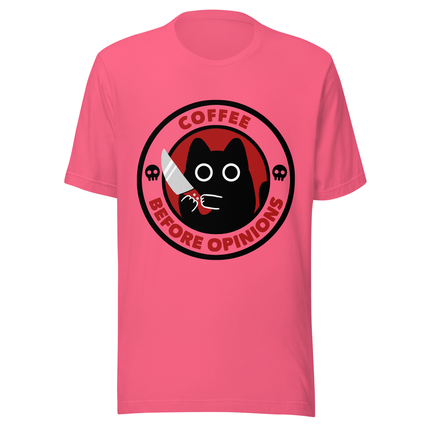 The illustration, in shades of red and black, features a wide-eyed black kitten holding a knife at the centre. Surrounding the cat is the phrase ‘Coffee Before Opinions’. A fun and cheeky gift for those who love cats and can’t function without their coffee.
