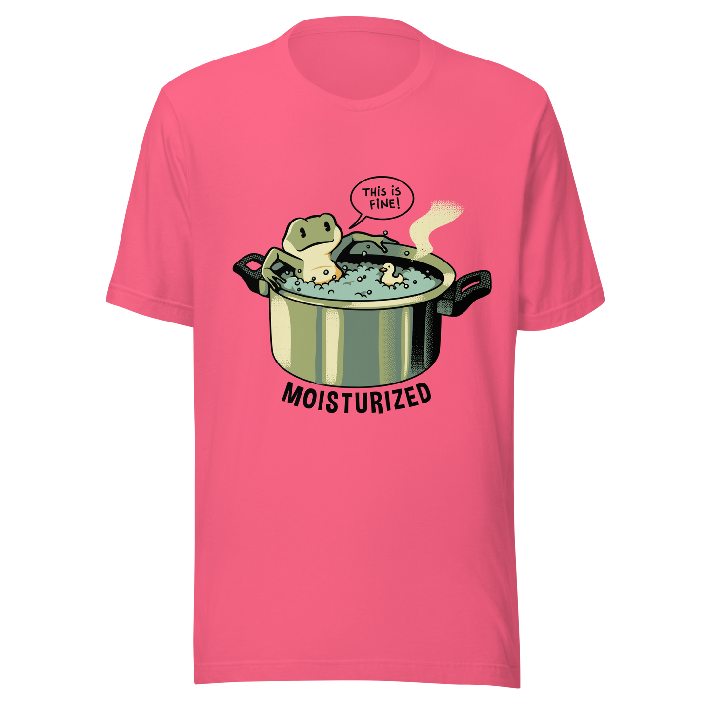 A relaxing frog enjoys a bath in a pot of boiling water while calmly saying, “This is fine”. This artwork combines sarcastic humor with an unexpectedly relaxed vibe. Perfect for frog lovers, memes, irony, and a touch of playful absurdity.