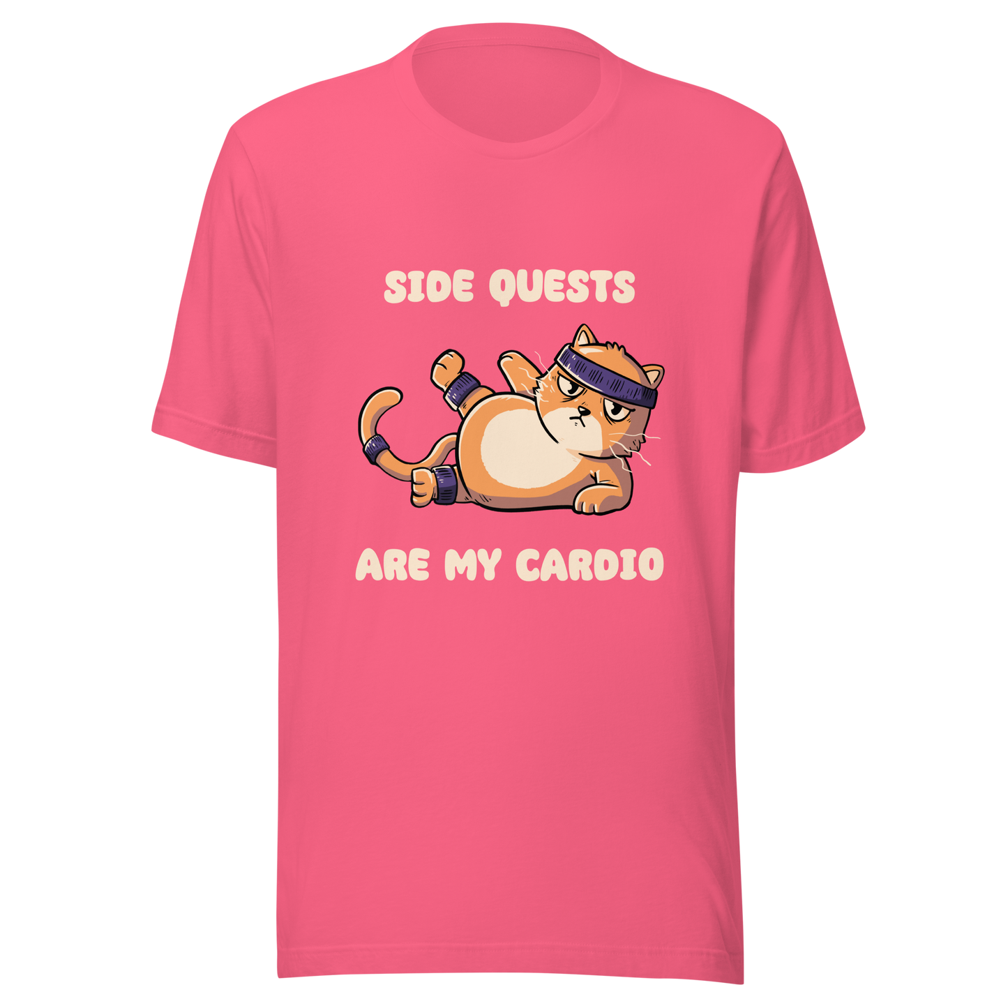 An orange kitten in gym clothes doing an aerobic workout, paired with the phrase ‘Side Quests Are My Cardio Gym Cat’. A humorous design that mixes cats, gaming vibes and fitness irony, perfect for those who prefer playful side quests over serious workouts.