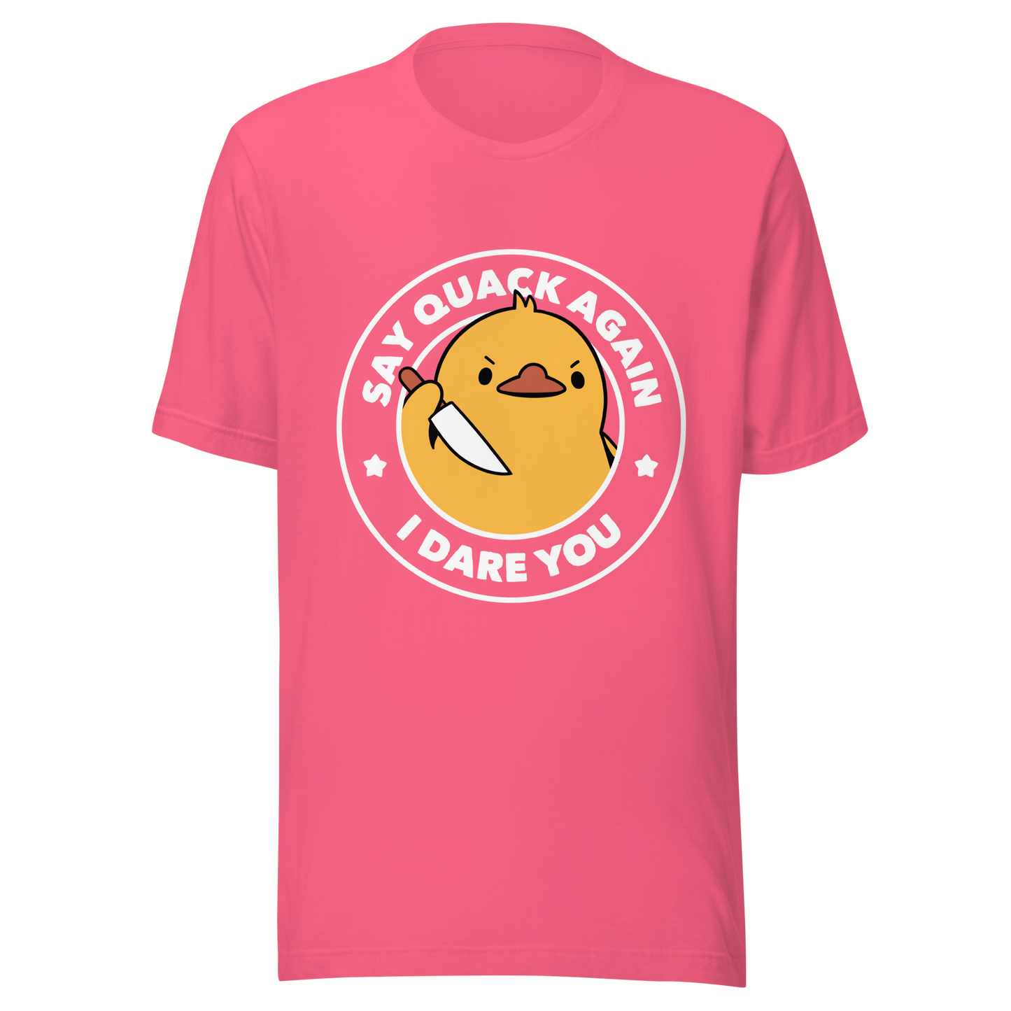 A cute duckling holding a knife with an angry face. Wrapped with a funny phrase that says "Say Quack Again I Dare You". This design plays with the mix between cuteness and bold humor, creating a fun and striking contrast. Perfect for duck lovers, meme fans, and those who enjoy humorous prints.