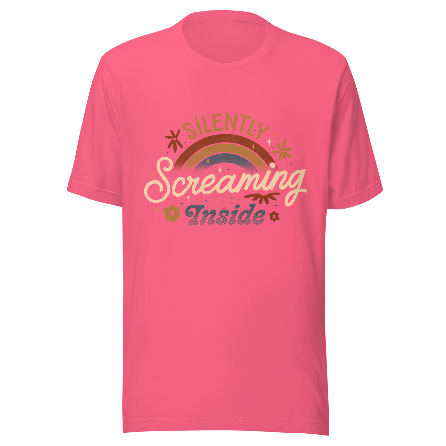 A fun and cute lettering design with a rainbow in the background and the phrase ‘Silently Screaming Inside’. The contrast between cheerful visuals and dark humour makes it perfect for those who cope with irony and sarcasm.