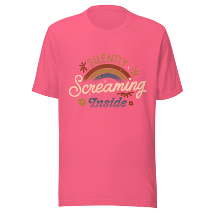 A fun and cute lettering design with a rainbow in the background and the phrase ‘Silently Screaming Inside’. The contrast between cheerful visuals and dark humour makes it perfect for those who cope with irony and sarcasm.