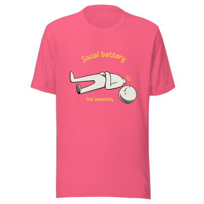 A cute character lying on the ground with their head separated from their body, paired with the phrase “Social Battery Sold Separately”. This humorous design captures the feeling of having no energy left for social interaction. Perfect for introverts and anyone who needs time alone to recharge, it’s a relatable and playful reminder that not everyone comes with a full social battery.