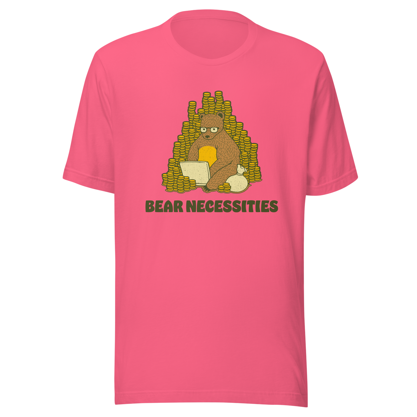 A brown bear wearing glasses works on his laptop, surrounded by stacks of coins. The phrase ‘Bear Necessities’ adds a clever, humorous twist. A minimalist and playful design, perfect for entrepreneurs, freelancers, office lovers and fans of witty animal art.