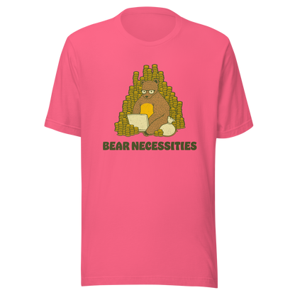 A brown bear wearing glasses works on his laptop, surrounded by stacks of coins. The phrase ‘Bear Necessities’ adds a clever, humorous twist. A minimalist and playful design, perfect for entrepreneurs, freelancers, office lovers and fans of witty animal art.