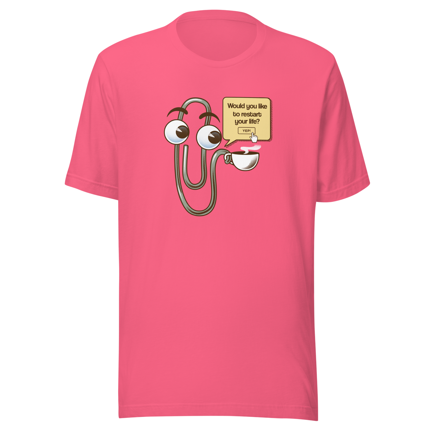 A playful paperclip character holding a cup of coffee with the phrase ‘You Look Like You Need a Coffee’. A witty, nostalgic design perfect for coffee lovers and fans of retro tech humour.