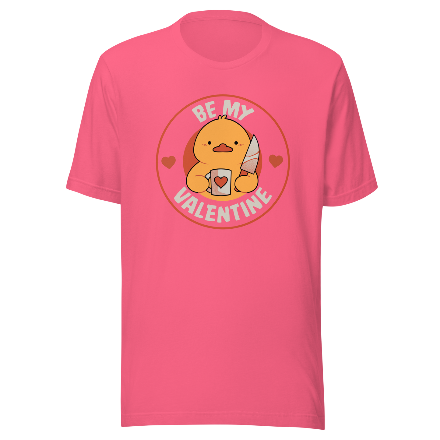 A cute duckling holding a heart-shaped coffee mug and a small knife, paired with the phrase ‘Be My Valentine Funny Duck’. A playful mix of cuteness and dark humor, perfect for coffee lovers and fans of ironic, quirky art.