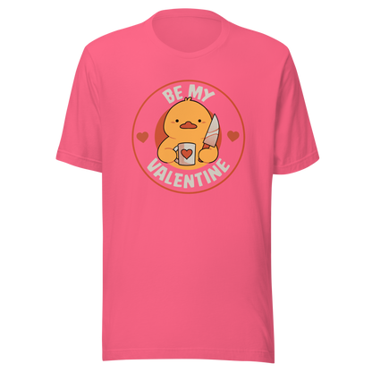 A cute duckling holding a heart-shaped coffee mug and a small knife, paired with the phrase ‘Be My Valentine Funny Duck’. A playful mix of cuteness and dark humor, perfect for coffee lovers and fans of ironic, quirky art.