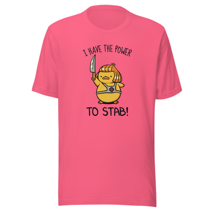 An illustration of a duck inspired by a classic '80s fantasy cartoon hero, dramatically holding a knife like a legendary sword beneath the phrase "I Have The Power To Stab." A fun parody design for fans of retro cartoons, nostalgic pop culture, fantasy adventures, and absurd animal humour.