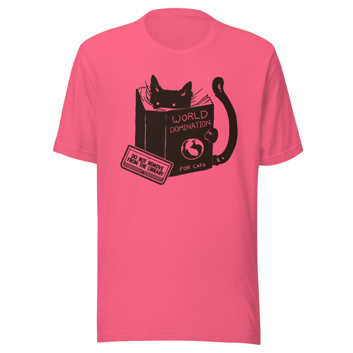 A minimalist illustration of a black kitten reading a book titled “World Domination for Cats,” featuring a humorous “Do Not Remove From Library” sticker. A playful artwork that captures the clever and ambitious nature of cats, perfect for cat lovers and fans of witty minimalist designs.