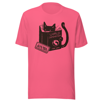 A minimalist illustration of a black kitten reading a book titled “World Domination for Cats,” featuring a humorous “Do Not Remove From Library” sticker. A playful artwork that captures the clever and ambitious nature of cats, perfect for cat lovers and fans of witty minimalist designs.