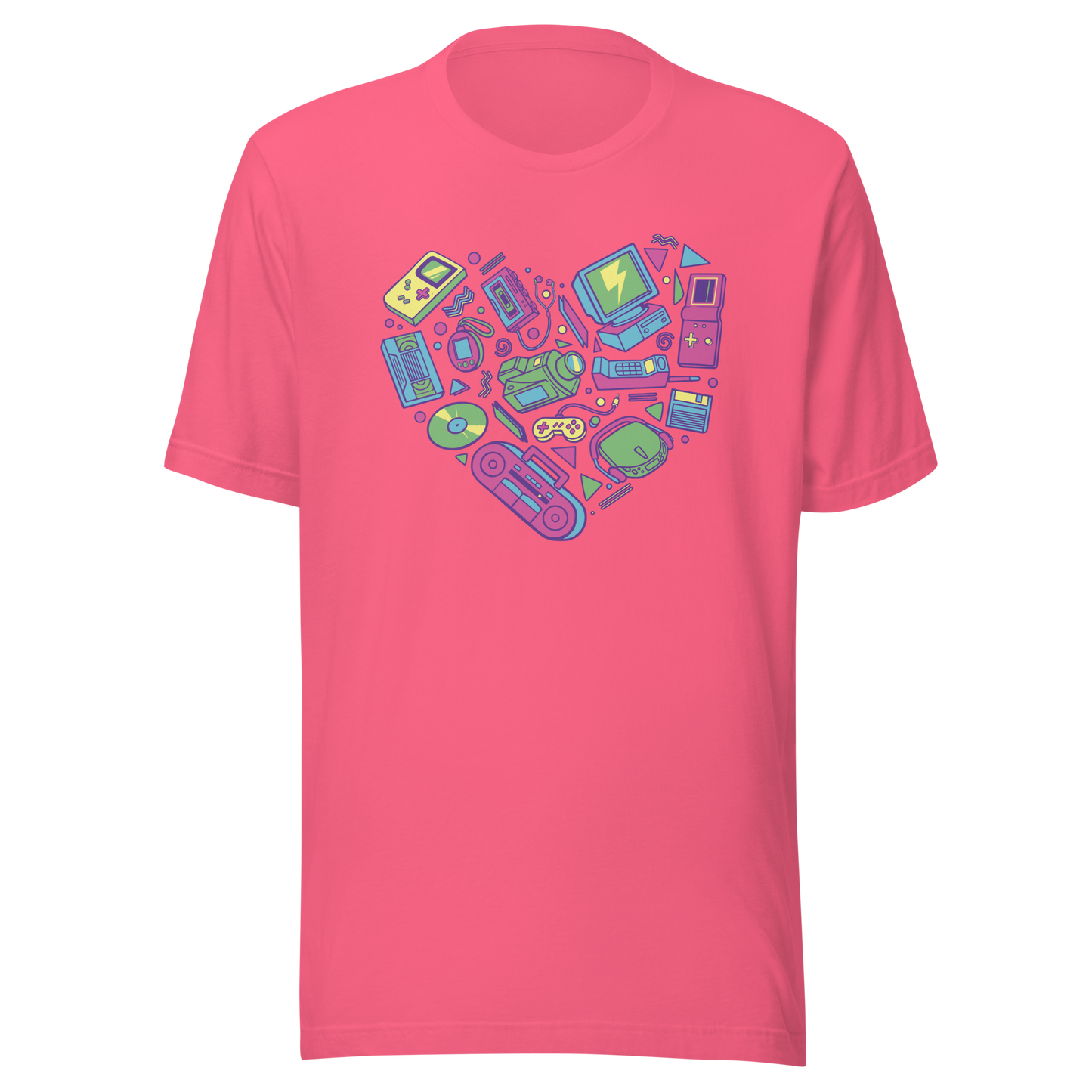 A heart made of iconic 90s electronics like computers, Walkmans, telephones, video game consoles, and Discmen, all in vibrant neon colours. A bold, nostalgic artwork perfect for anyone who loves retro tech and 90s vibes.