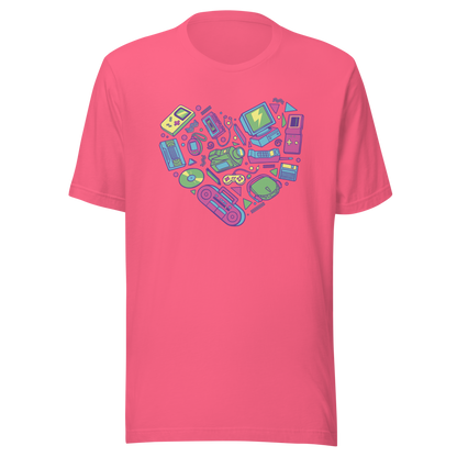 A heart made of iconic 90s electronics like computers, Walkmans, telephones, video game consoles, and Discmen, all in vibrant neon colours. A bold, nostalgic artwork perfect for anyone who loves retro tech and 90s vibes.