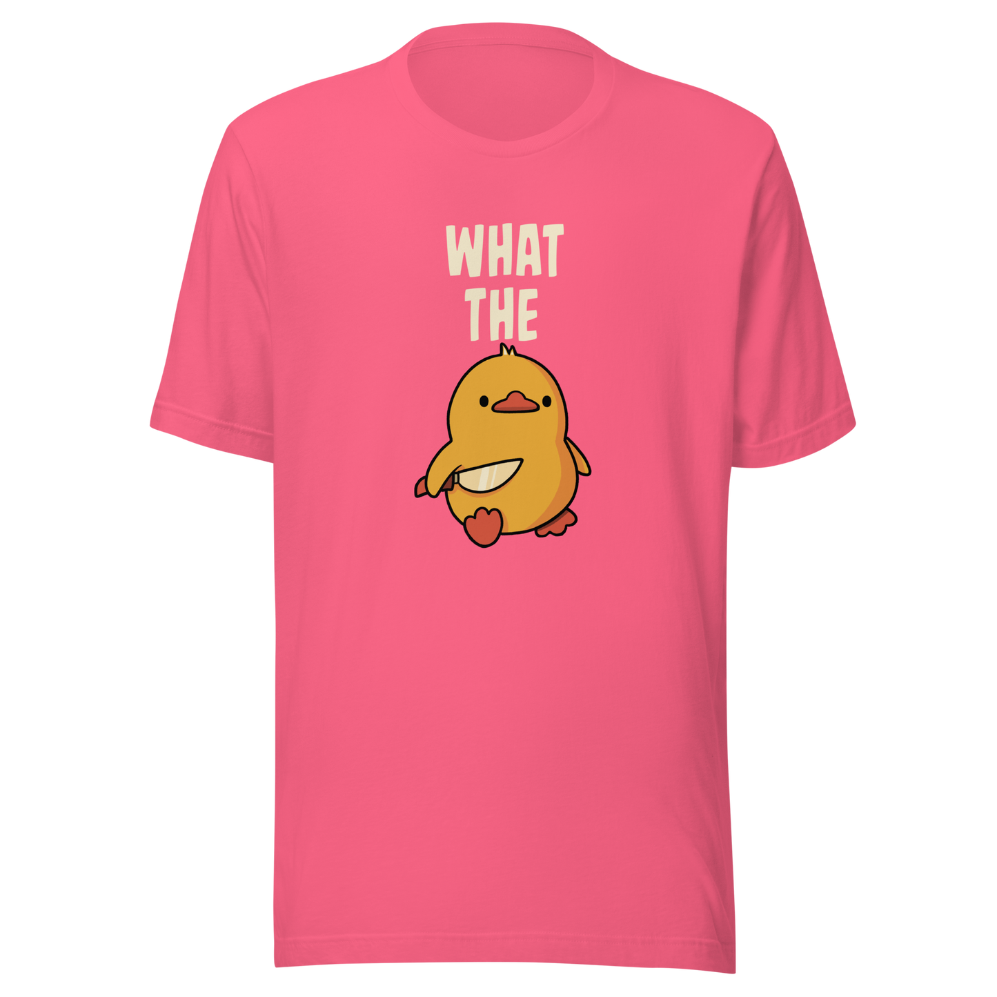 A cute yellow duck holding a small knife, with “What The” above it, completed by the duck below to read “What The Duck”. A playful mix of sweet and chaotic humor.