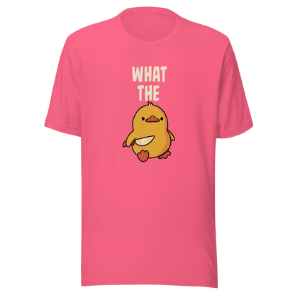 A cute yellow duck holding a small knife, with “What The” above it, completed by the duck below to read “What The Duck”. A playful mix of sweet and chaotic humor.