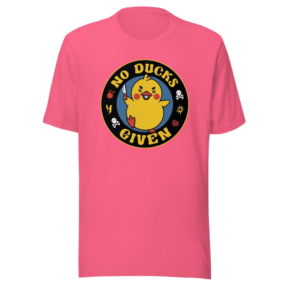 A cute yellow duck holding a small knife, around it the text "No Ducks Given". An art that mixes humor with the temperament of ducks.