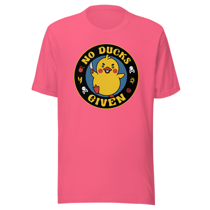A cute yellow duck holding a small knife, around it the text "No Ducks Given". An art that mixes humor with the temperament of ducks.
