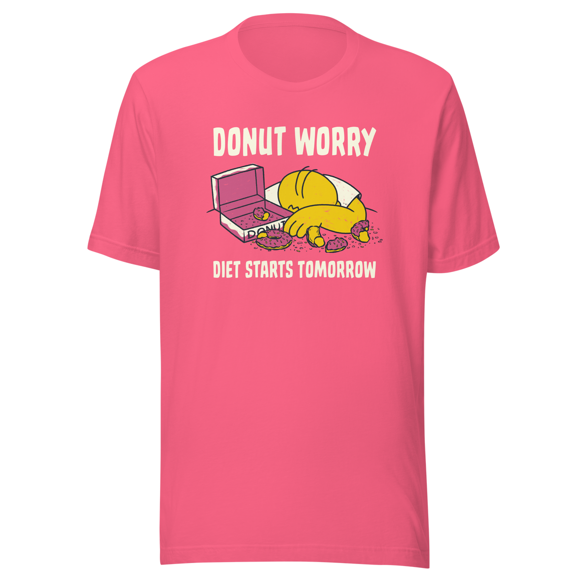 A playful design featuring a sleepy yellow cartoon character next to an open box of donuts, surrounded by crumbs and icing, with the phrase “Donut Worry Diet Starts Tomorrow”. Sweet, relatable and full of humor, it’s the perfect gift for donut lovers and anyone who believes diets can always start tomorrow.