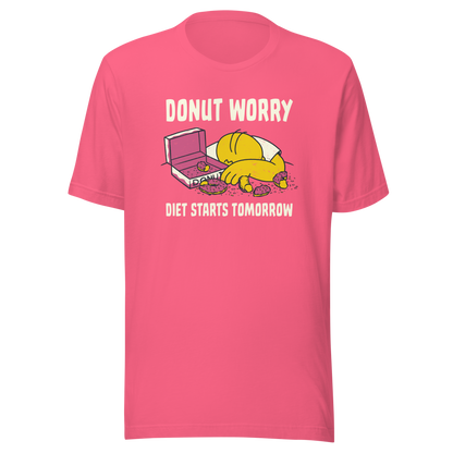 A playful design featuring a sleepy yellow cartoon character next to an open box of donuts, surrounded by crumbs and icing, with the phrase “Donut Worry Diet Starts Tomorrow”. Sweet, relatable and full of humor, it’s the perfect gift for donut lovers and anyone who believes diets can always start tomorrow.