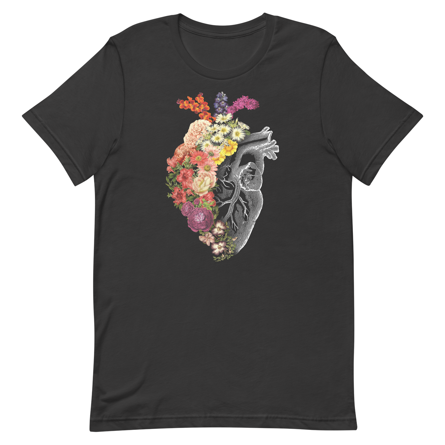 The design is an intricate and anatomical drawing of a human heart on a black background. The left side of the heart morphs into a vibrant assortment of colorful flowers, including roses, daisies, and other blooming blossoms, creating a striking contrast between the realistic and the surreal, symbolizing the harmony between nature and humanity.