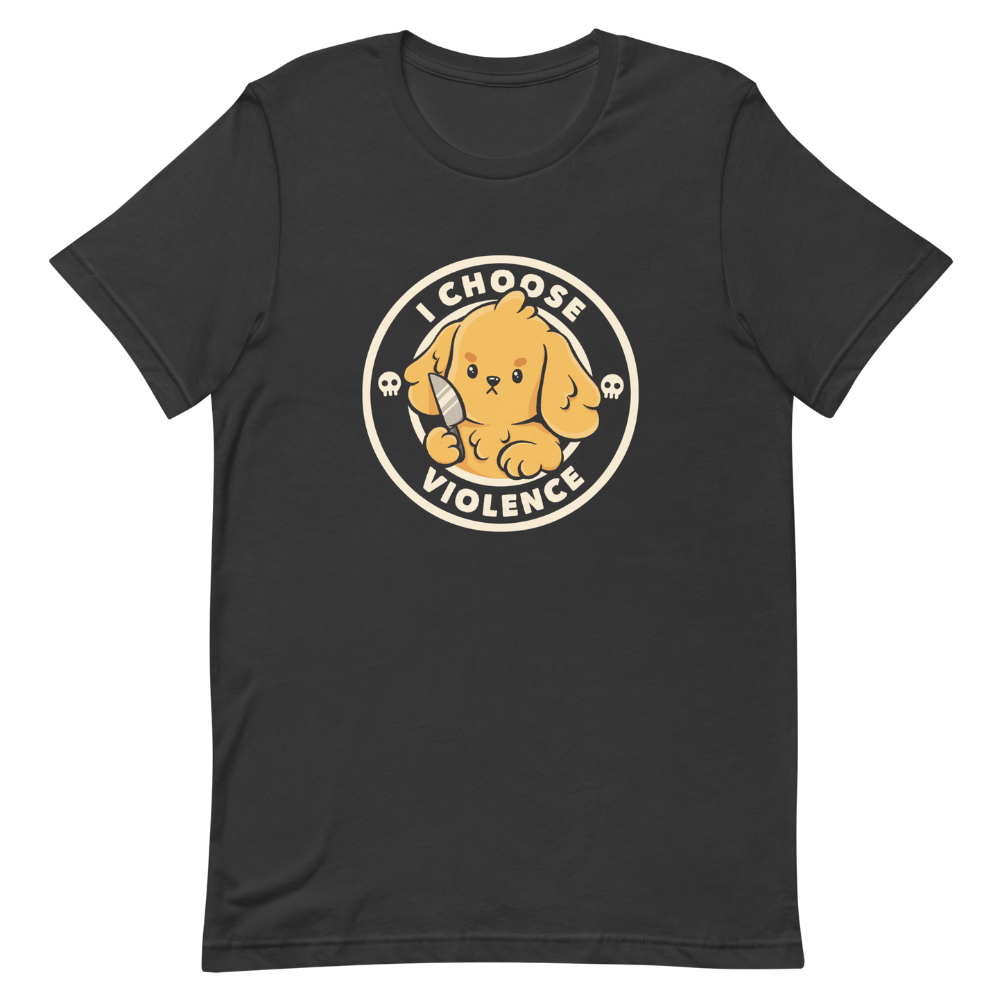 A cute yellow cartoon dog holds a small knife, surrounded by a circular logo that reads 'I Choose Violence'. The dog's expression is serious, yet the overall style is playful and cute. Two small skull icons are on either side, adding an ironic tone to the cheerful design.