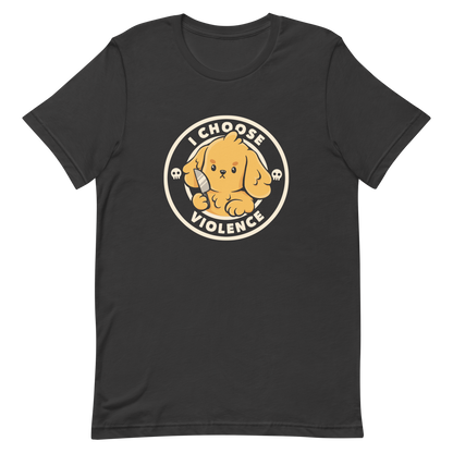 A cute yellow cartoon dog holds a small knife, surrounded by a circular logo that reads 'I Choose Violence'. The dog's expression is serious, yet the overall style is playful and cute. Two small skull icons are on either side, adding an ironic tone to the cheerful design.