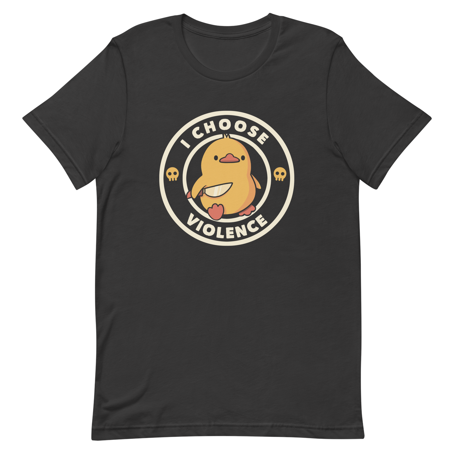 A cute, cartoon-style yellow duckling stands confidently holding a large knife in its wing. The duckling is encircled by text saying 'I CHOOSE VIOLENCE' in bold white letters. Small skull symbols flank the chick on either side, adding a touch of humor and irony to the otherwise adorable drawing.