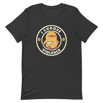 A cute, cartoon-style yellow duckling stands confidently holding a large knife in its wing. The duckling is encircled by text saying 'I CHOOSE VIOLENCE' in bold white letters. Small skull symbols flank the chick on either side, adding a touch of humor and irony to the otherwise adorable drawing.