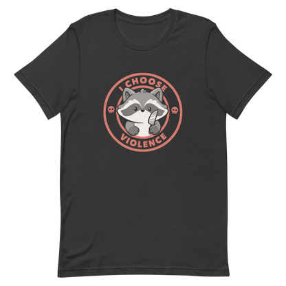 A cute cartoon raccoon character stands with a small knife, surrounded by a red circular border with the text 'I CHOOSE VIOLENCE'. The raccoon looks adorable yet mischievous, with a playful expression. Two small skulls are on either side of the circle, adding humor to the bold statement.