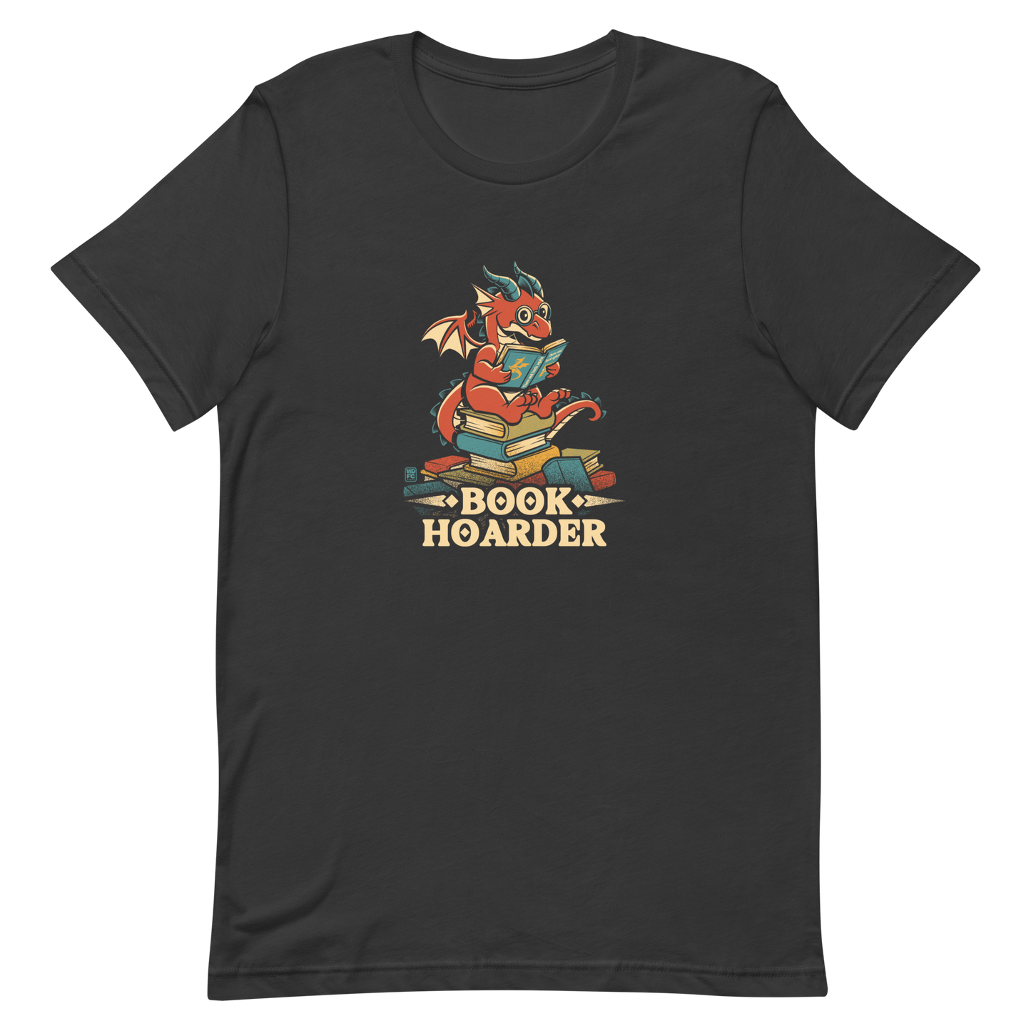 Perched atop his treasure trove of books, this red nerdy dragon is ready to devour epic adventures, magic tales, and fantasy worlds. The words 'BOOK HOARDER' are placed at the bottom of the design.