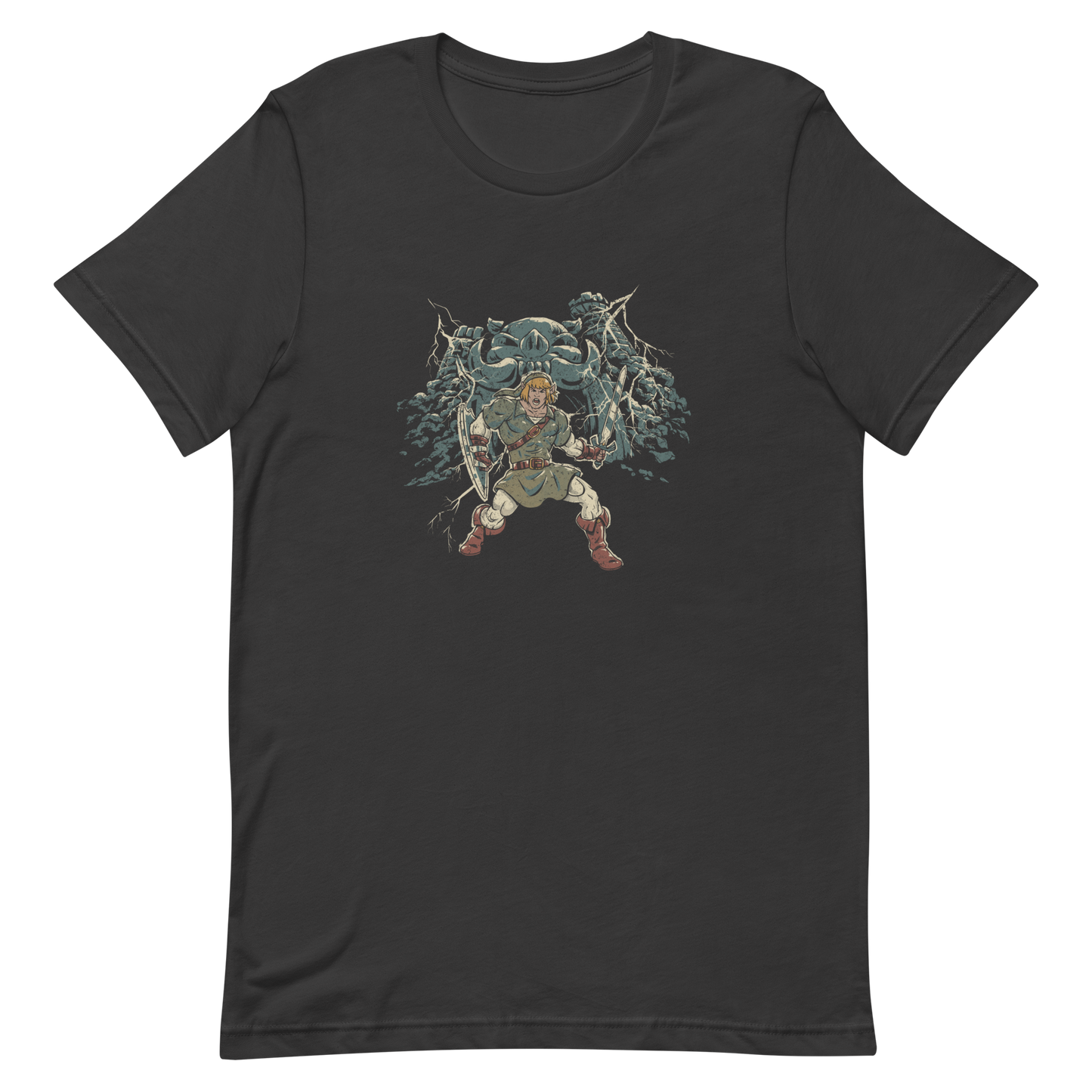 A fierce warrior stands with sword and shield, lightning cracking behind him as he screams in defiance — mixing classic fantasy aesthetics with retro game frustration.