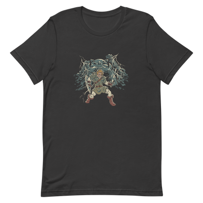 A fierce warrior stands with sword and shield, lightning cracking behind him as he screams in defiance — mixing classic fantasy aesthetics with retro game frustration.