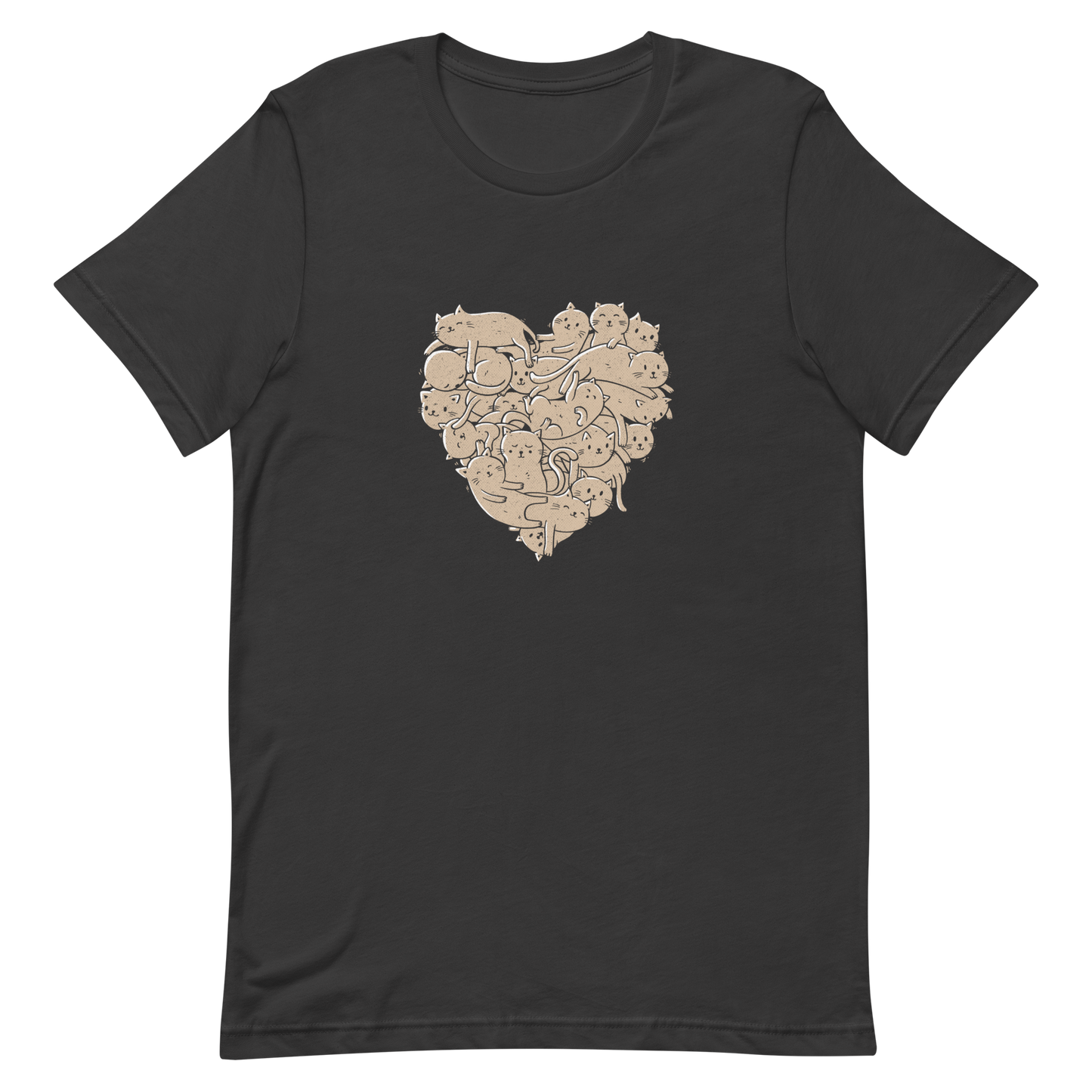 The image showcases an anatomical heart shape filled with numerous small, simple, and cute cartoon-like cat illustrations in a light brown tone. The overall style is whimsical and playful, combining elements of illustration and pop culture art.